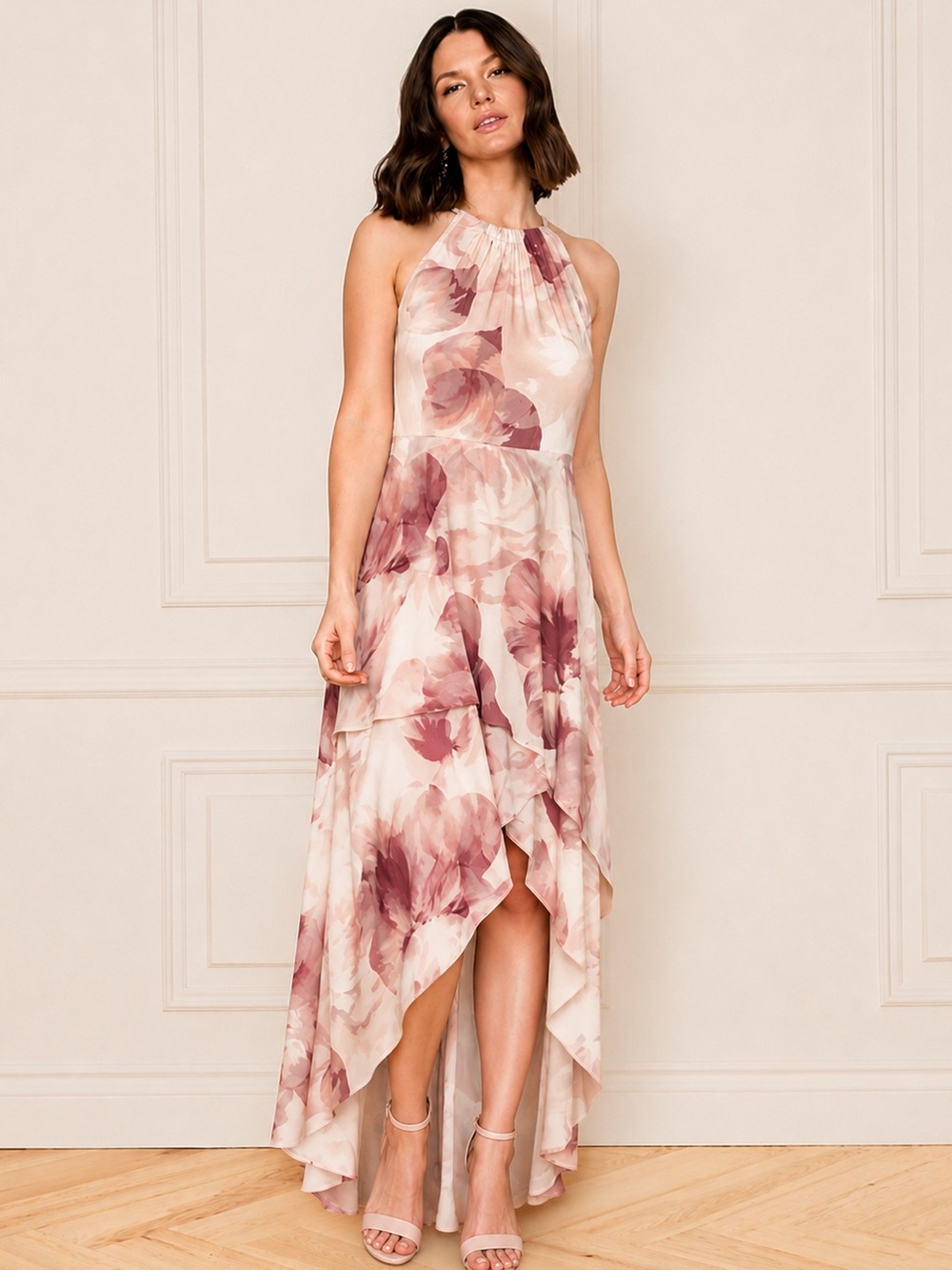 Le Chateau Pink Floral Chiffon High-Low Maxi Dress - Summer, wedding, formal